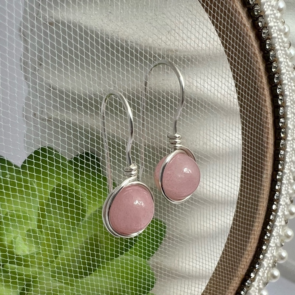 Rose Quartz Wire Wrapped Minimalist Earrings in Pink & Silver - Picture 8 of 13